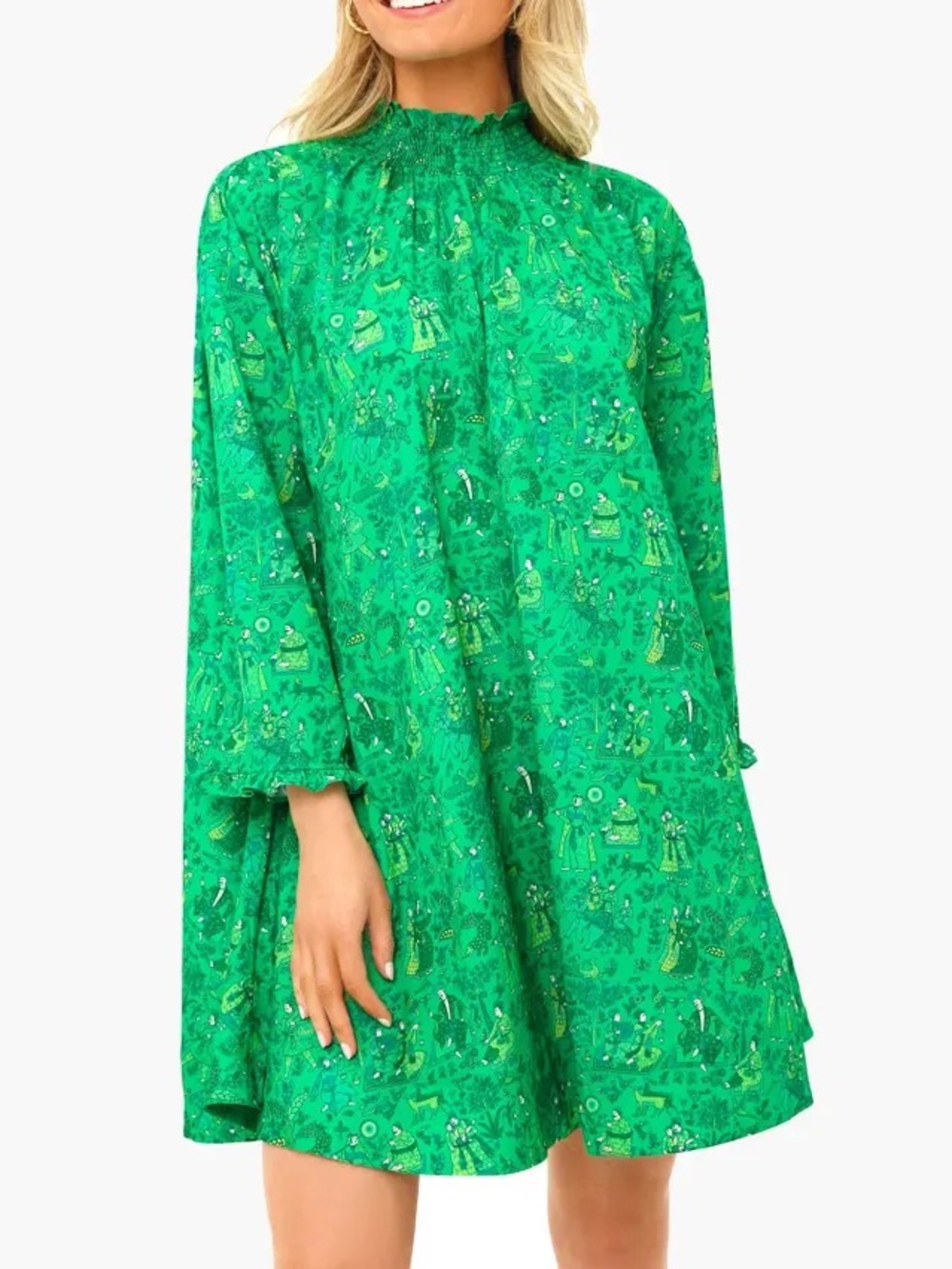 RHODE Priya Green Chinoiserie Toile Mini Dress Size M/L Pockets Bow Back Romance